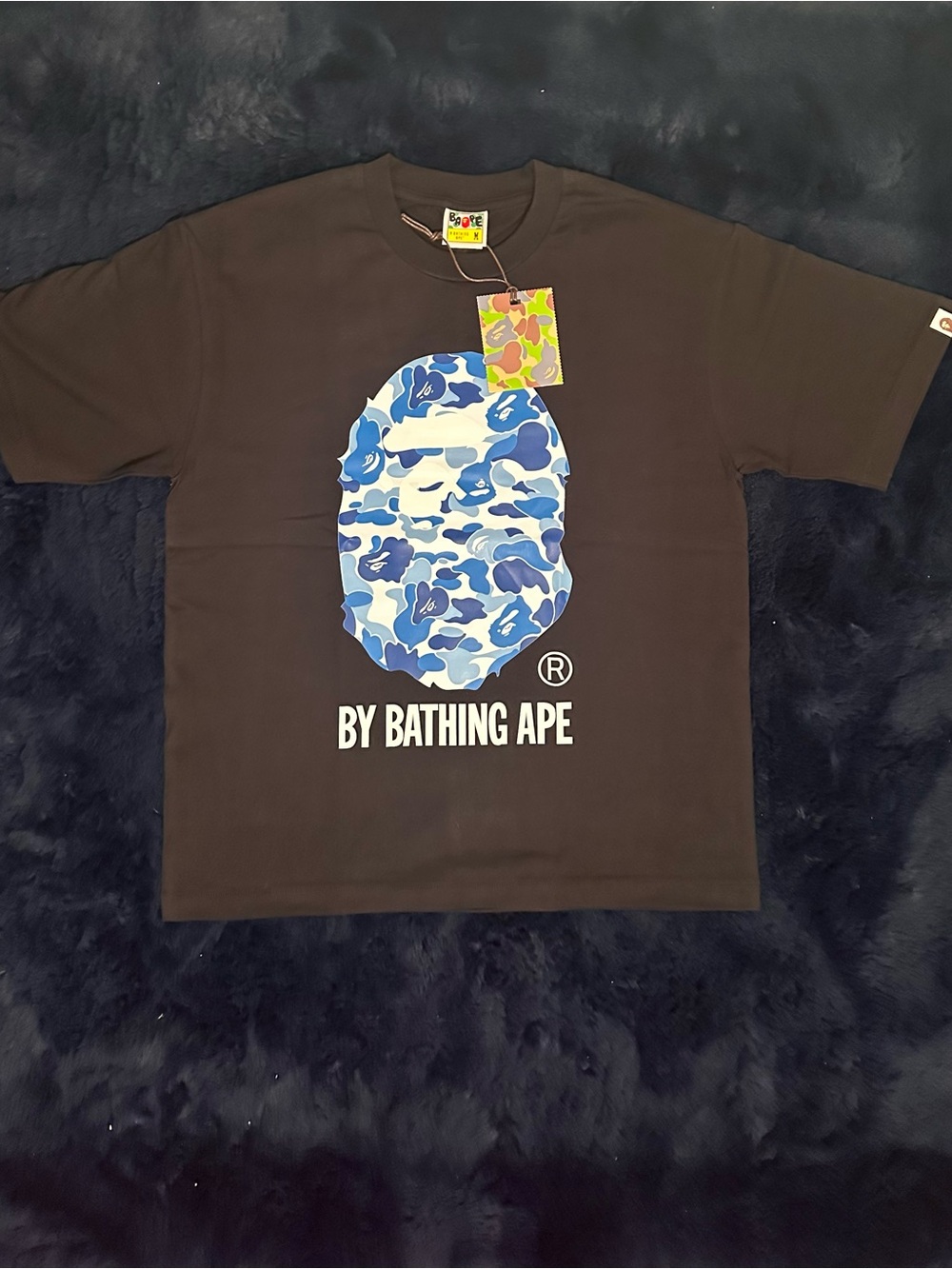 Bape Brown Tee with Blue Camo Ape Head Graphic